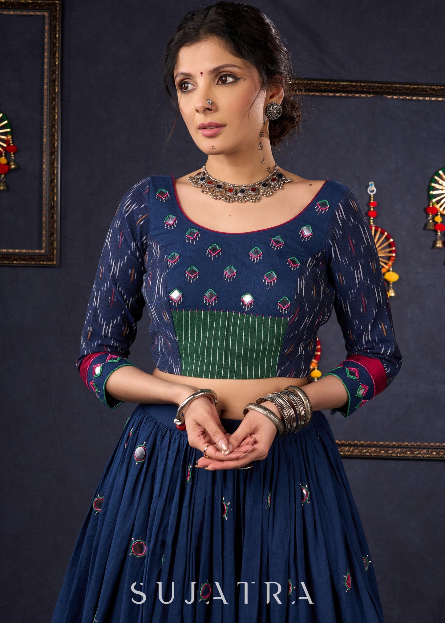 Exclusive Navy Blue Mirror Work Lehenga With Matching Blouse & Dupatta