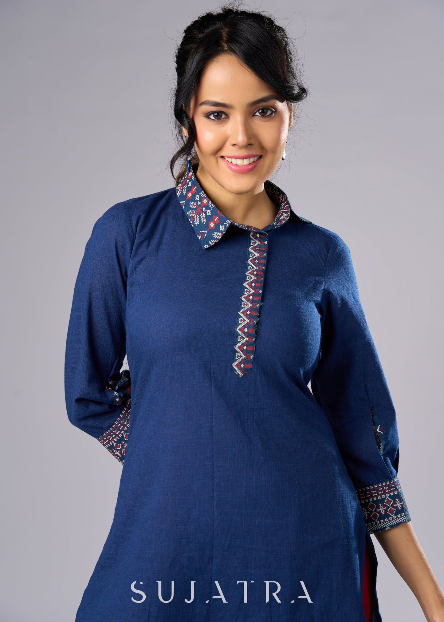 Classic Navy Blue Cotton Tunic with Stylish Collar - Pant Additional