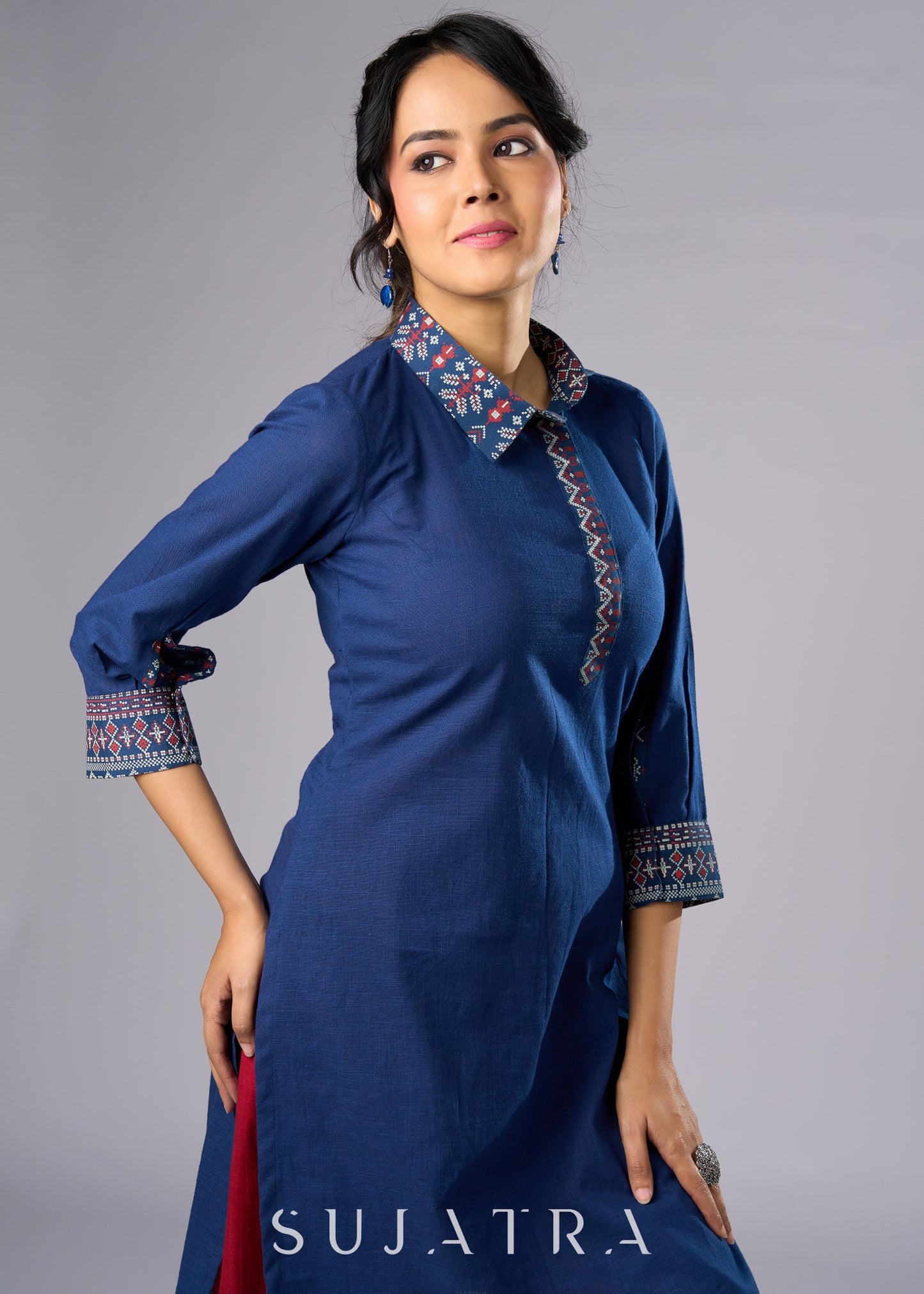 Classic Navy Blue Cotton Tunic with Stylish Collar - Pant Additional