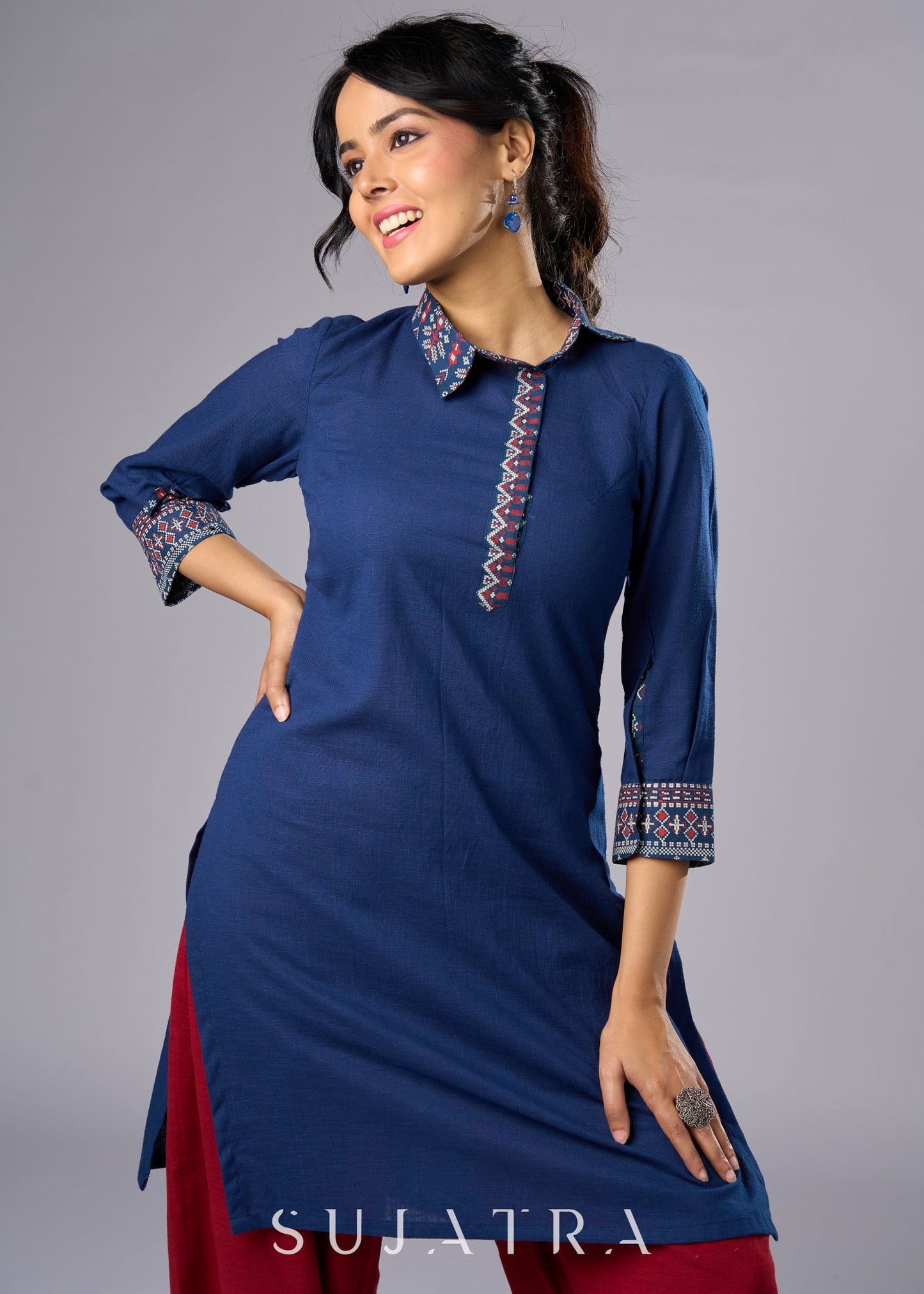 Classic Navy Blue Cotton Tunic with Stylish Collar - Pant Additional