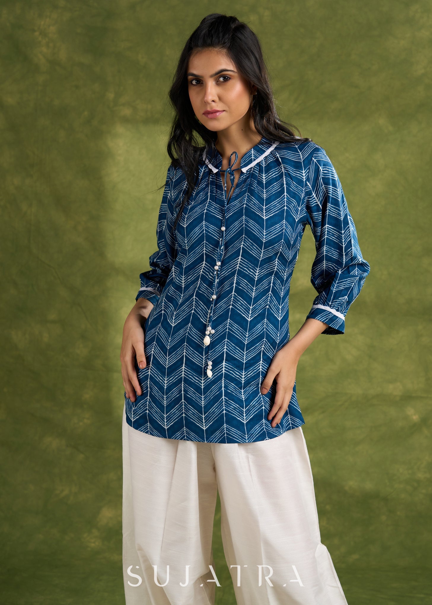 Blue Rayon Printed Top With Tie Neck Details - Pant Optional