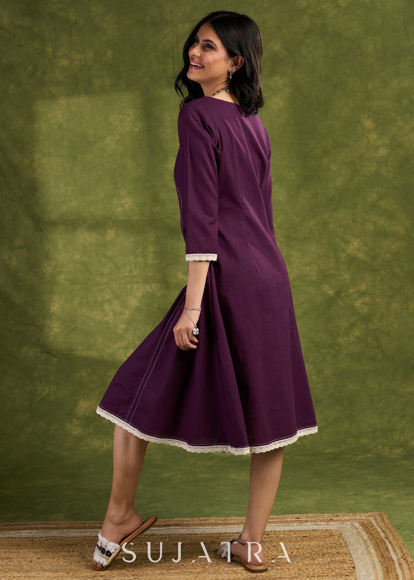 Elegant Plum Cotton Dress. Plum Hue With Detailed Stitch Accents