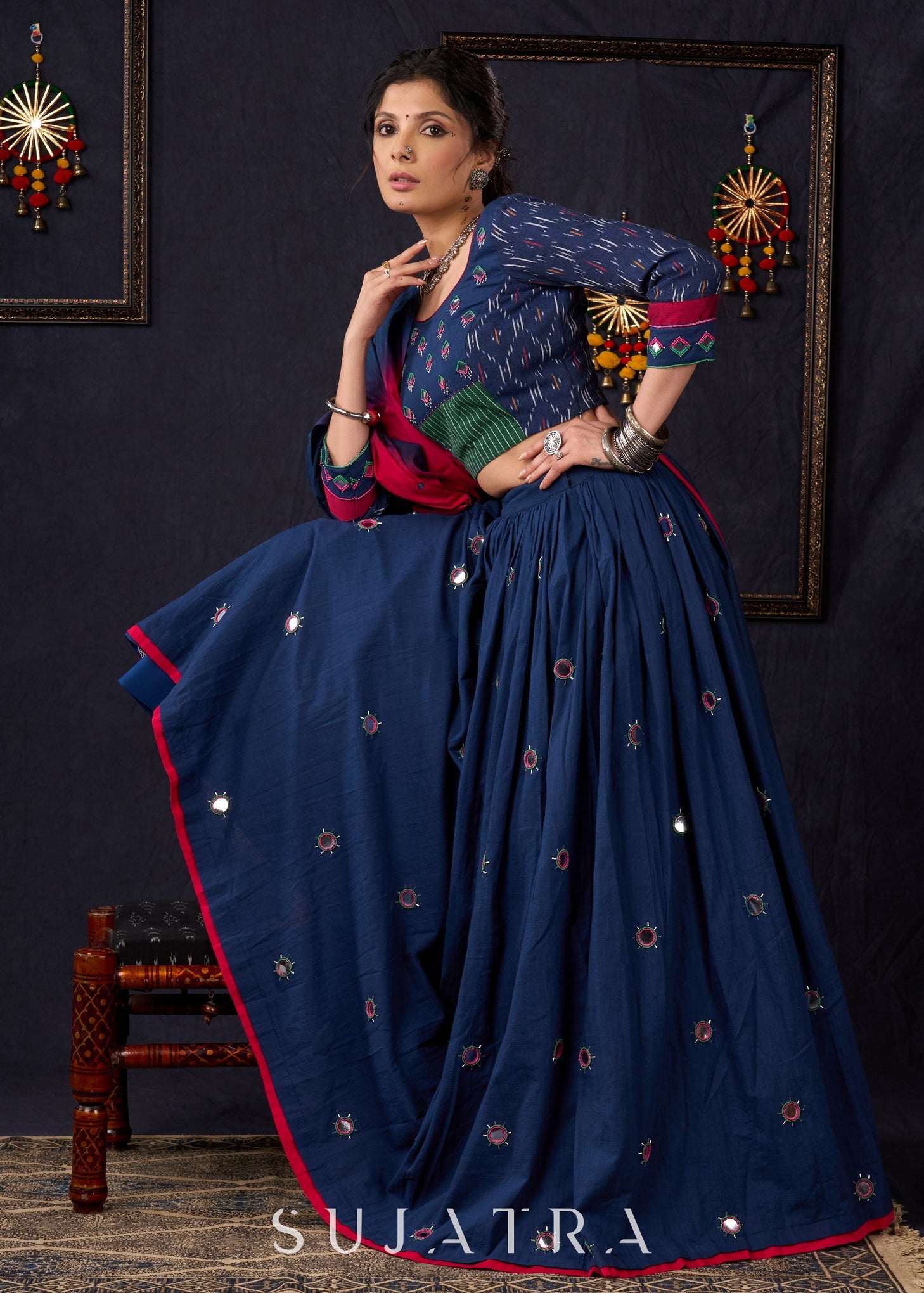 Exclusive Navy Blue Mirror Work Lehenga With Matching Blouse & Dupatta