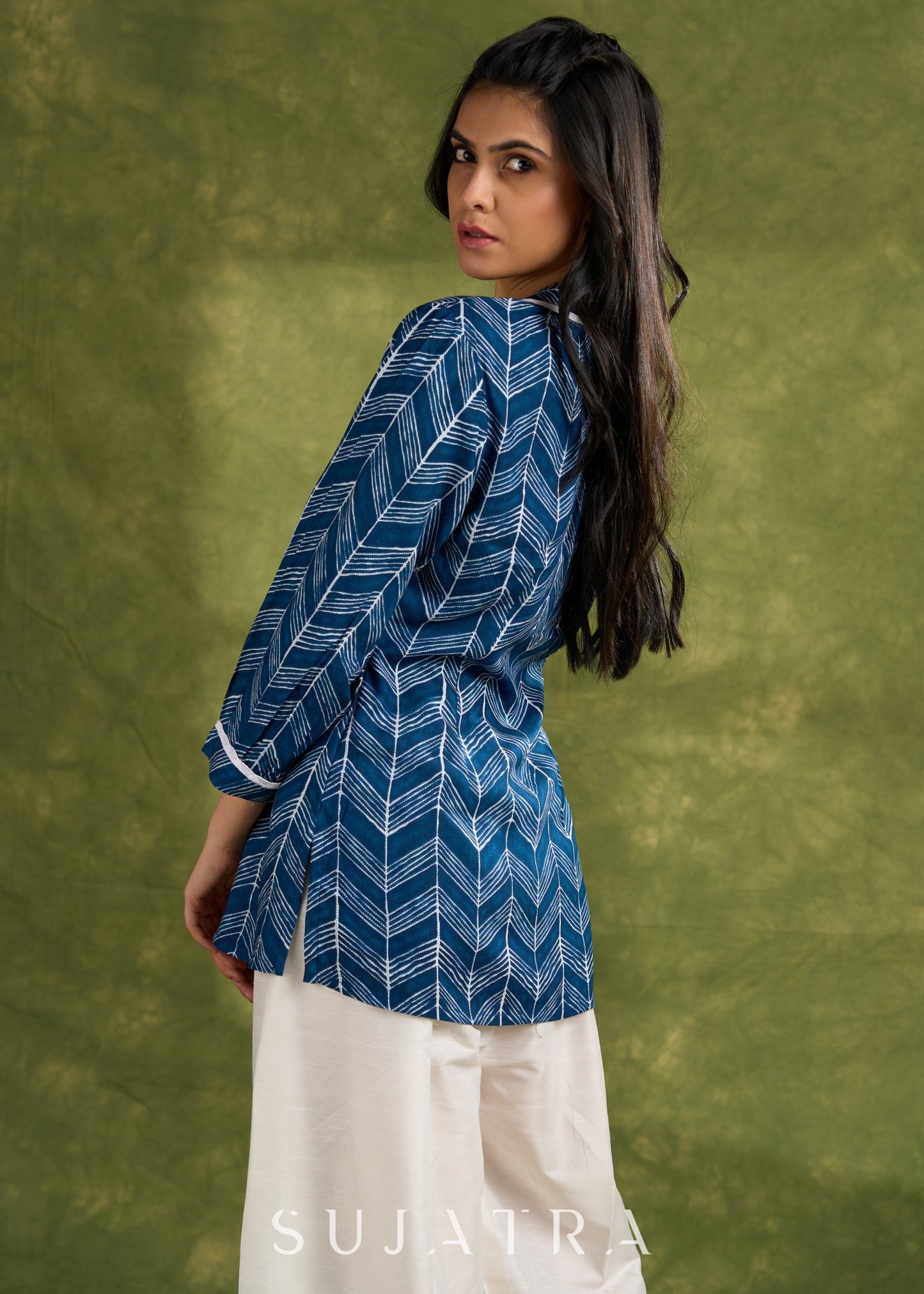 Blue Rayon Printed Top With Tie Neck Details - Pant Optional