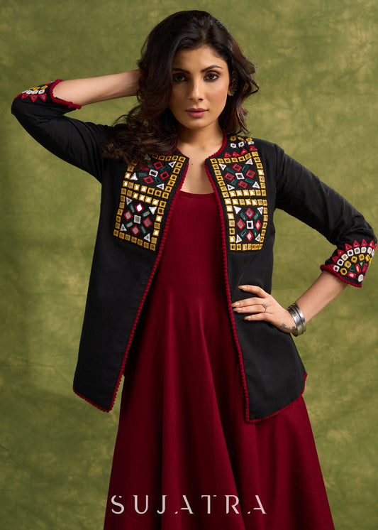 Hand Embroidered Black Cotton Kutch Jacket Featuring Traditional Mirror Work