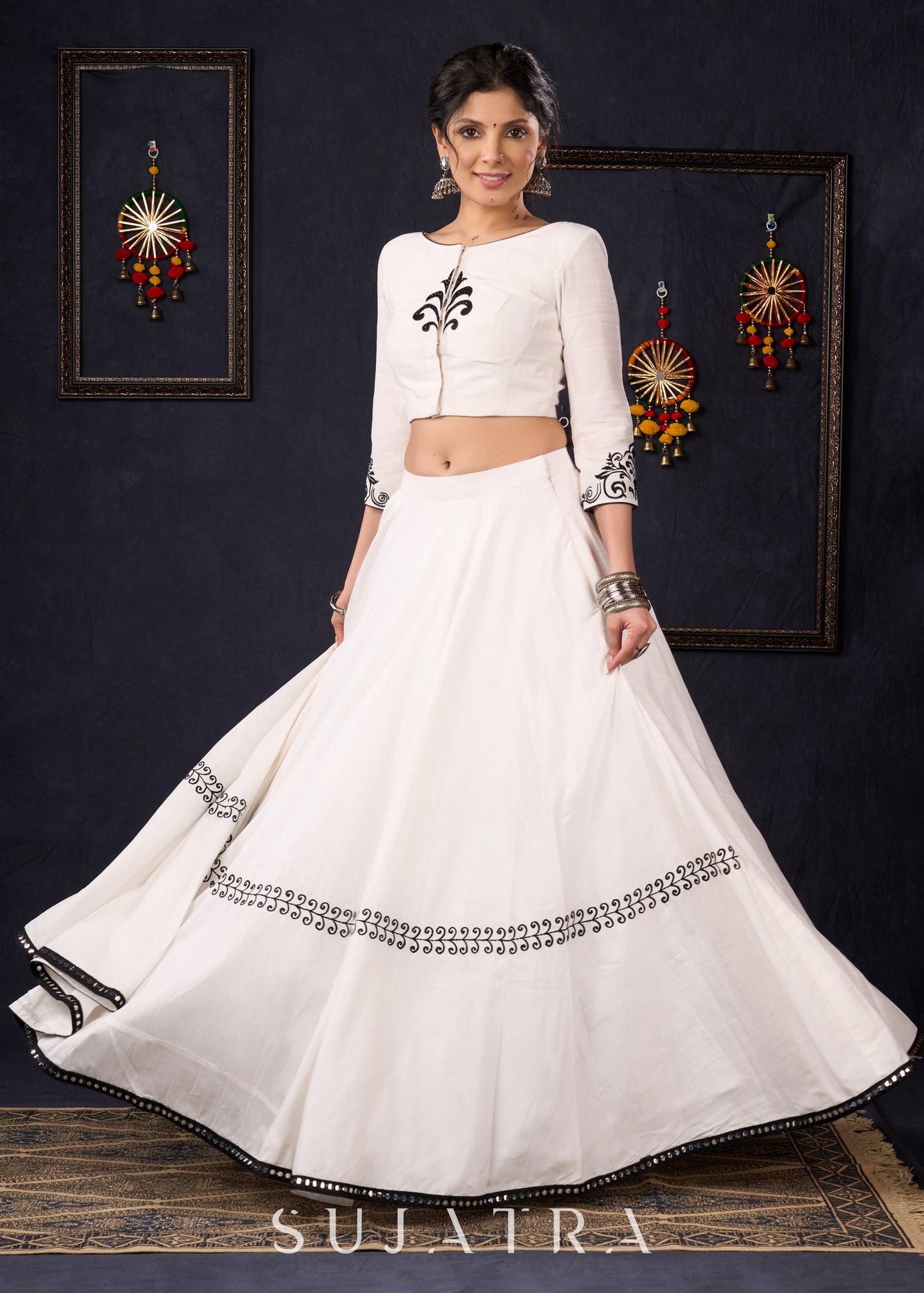 Elegant White Silk Lehenga In Black Embroidery With Matching Blouse & Dupatta