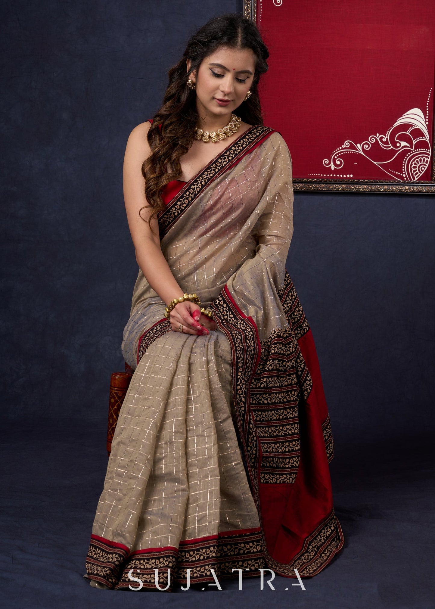 Lustrous Chanderi Grey Saree with Self Gold Checks Highlighted with Ajrakh Border & Palu with Maroon Detailing