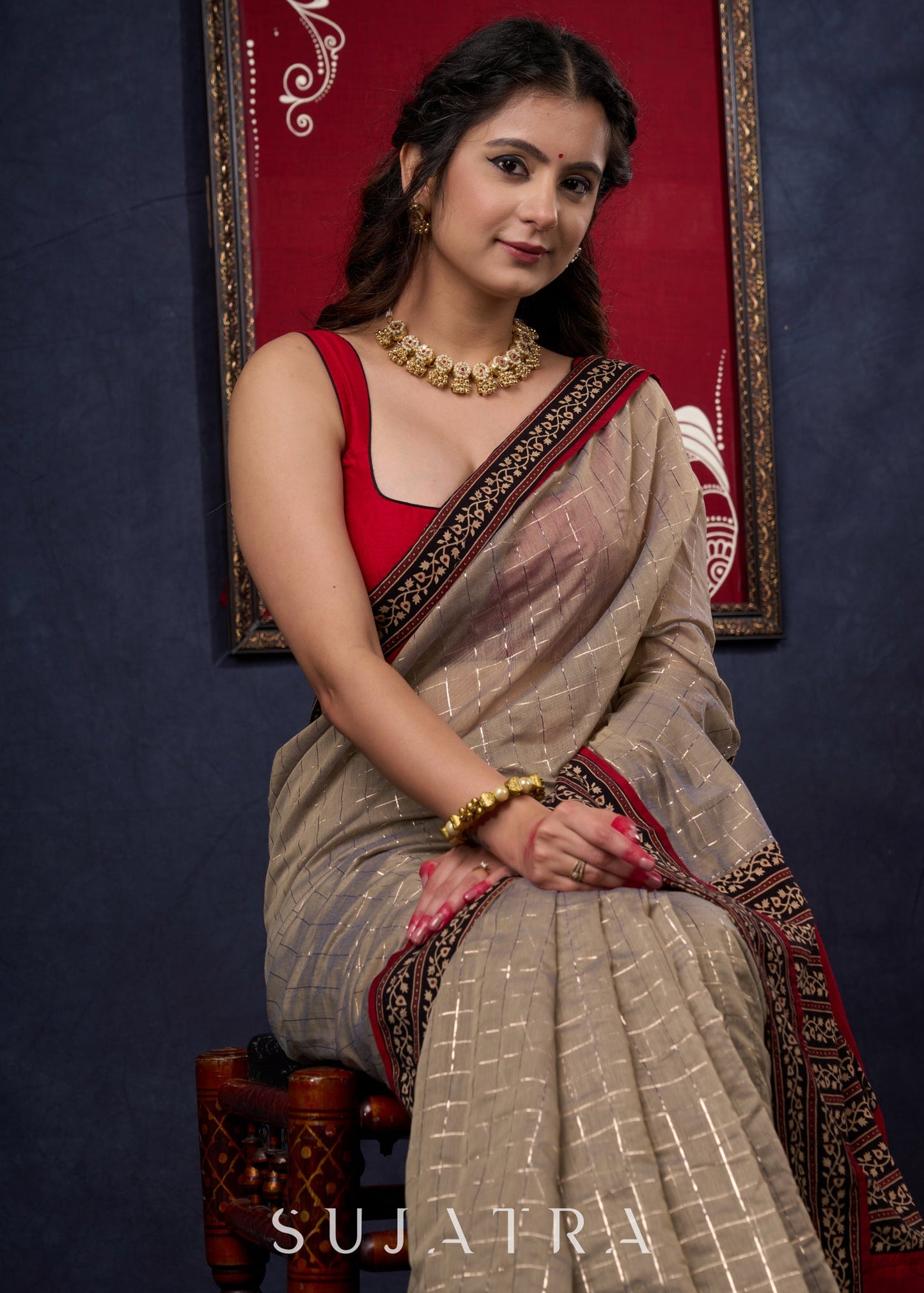 Lustrous Chanderi Grey Saree with Self Gold Checks Highlighted with Ajrakh Border & Palu with Maroon Detailing