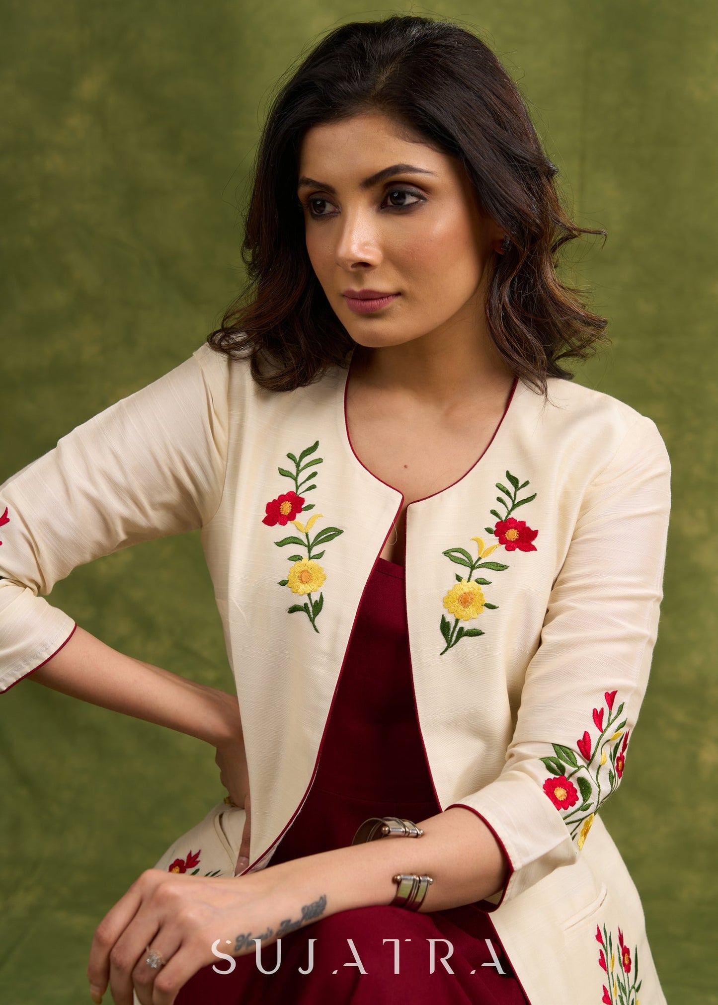 Elegant And Effortless Ivory Colour Embroidered Jacket With Hidden Pockets   Dress Optional