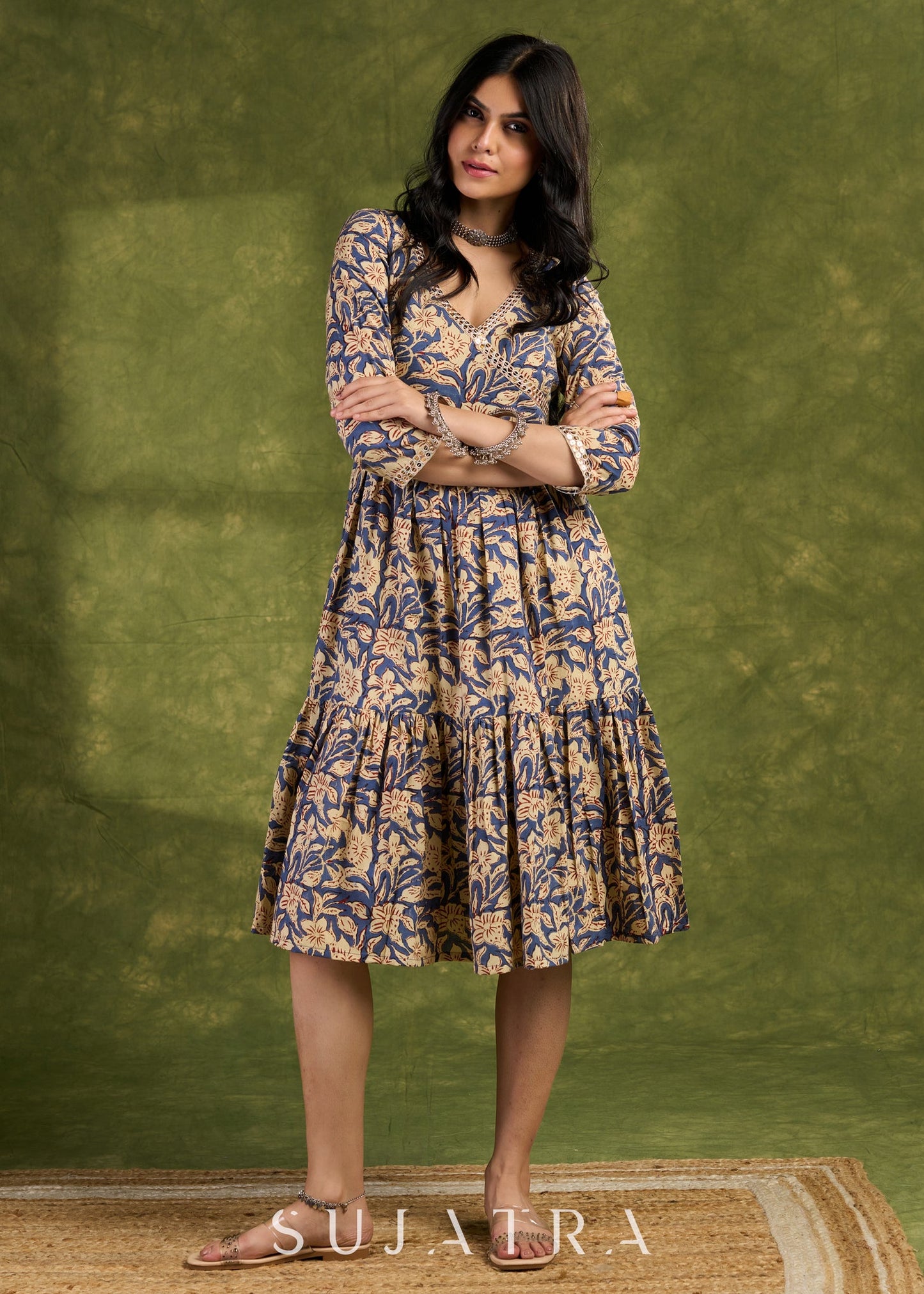 Floral Wrap Cotton Dress, Sophistication Redefined In Exquisite Layered Block Printed Floral Patterns