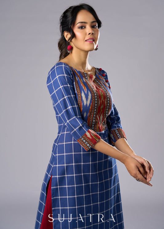 Attractive Blue Cotton Ikat combination Tunic- Pant Additional