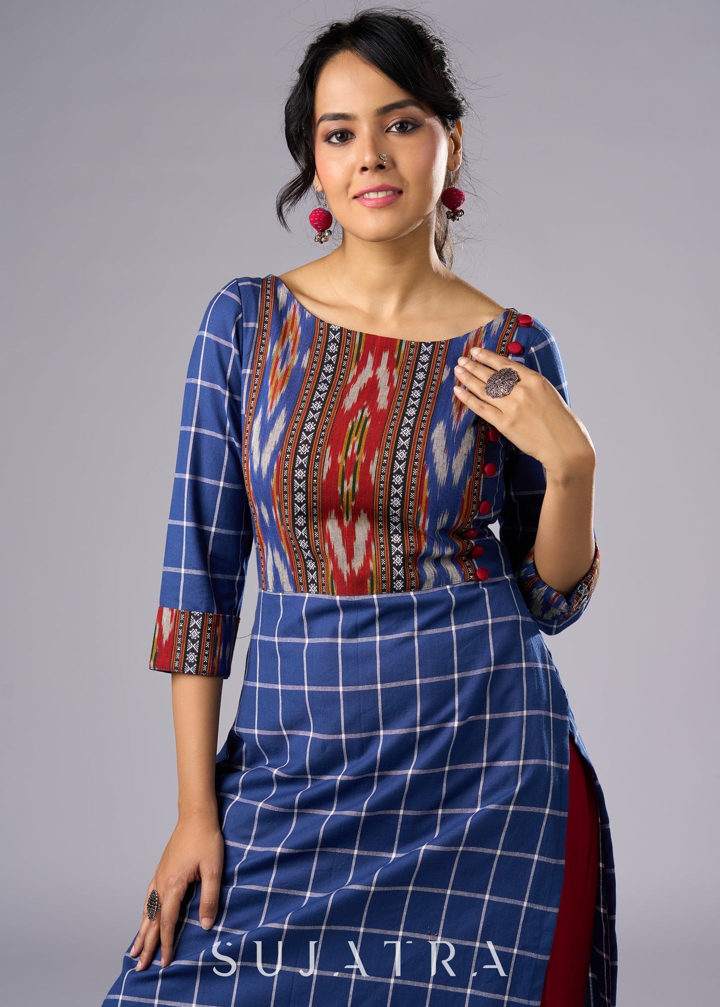 Attractive Blue Cotton Ikat combination Tunic- Pant Additional