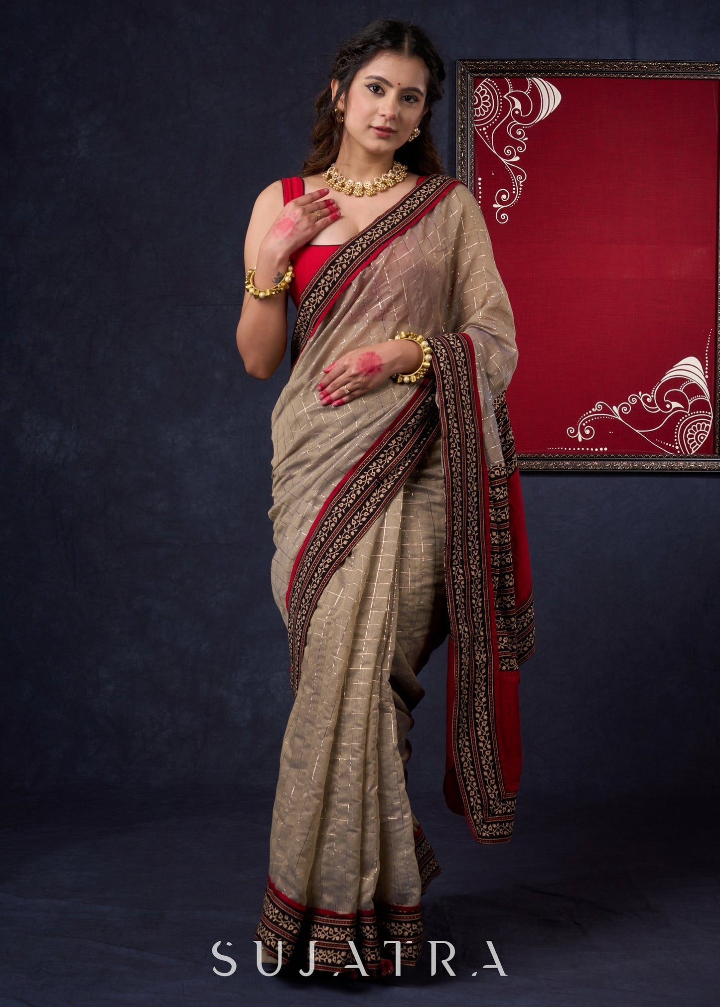 Lustrous Chanderi Grey Saree with Self Gold Checks Highlighted with Ajrakh Border & Palu with Maroon Detailing