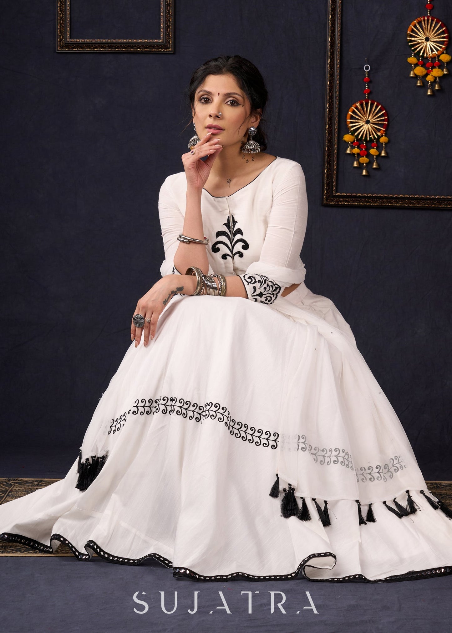 Elegant White Silk Lehenga In Black Embroidery With Matching Blouse & Dupatta