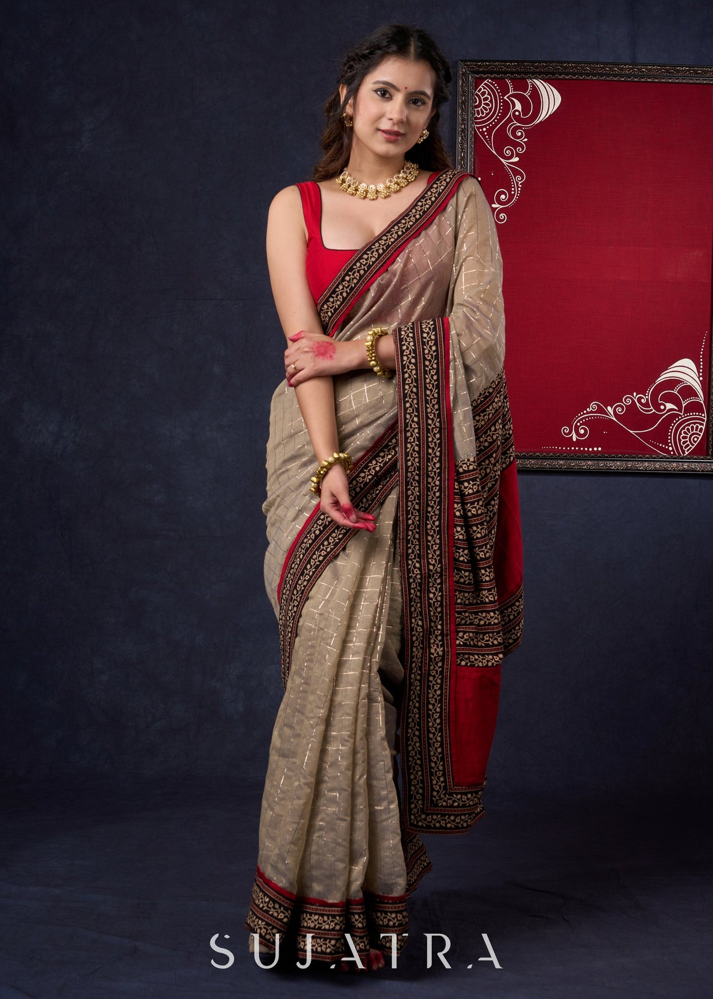 Lustrous Chanderi Grey Saree with Self Gold Checks Highlighted with Ajrakh Border & Palu with Maroon Detailing