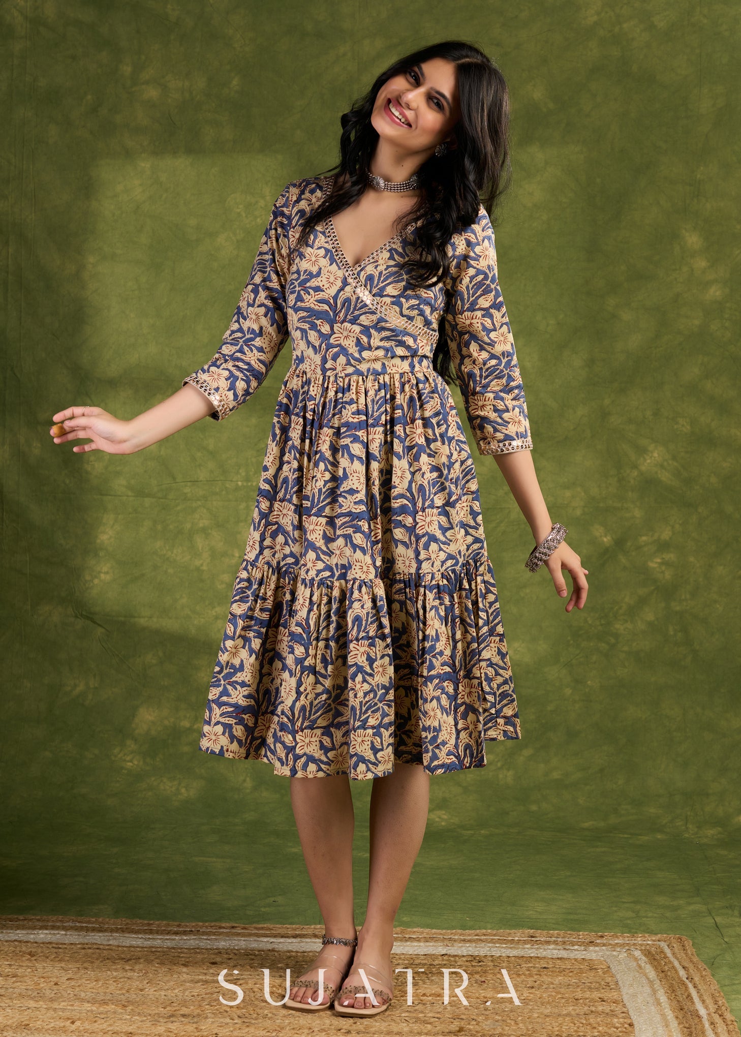 Floral Wrap Cotton Dress, Sophistication Redefined In Exquisite Layered Block Printed Floral Patterns