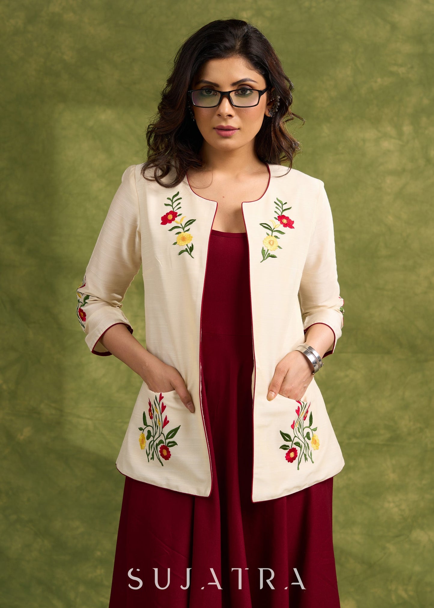 Elegant And Effortless Ivory Colour Embroidered Jacket With Hidden Pockets   Dress Optional