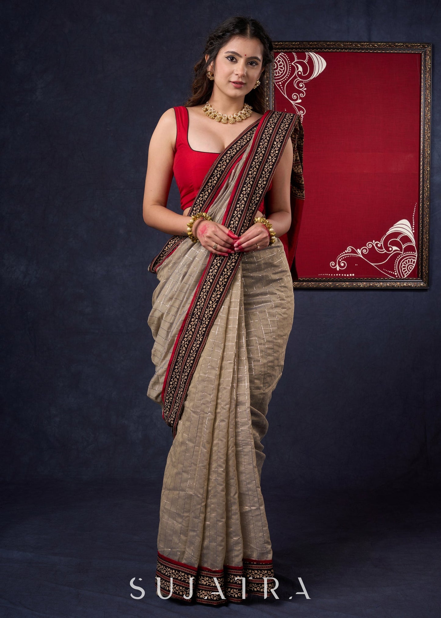 Lustrous Chanderi Grey Saree with Self Gold Checks Highlighted with Ajrakh Border & Palu with Maroon Detailing