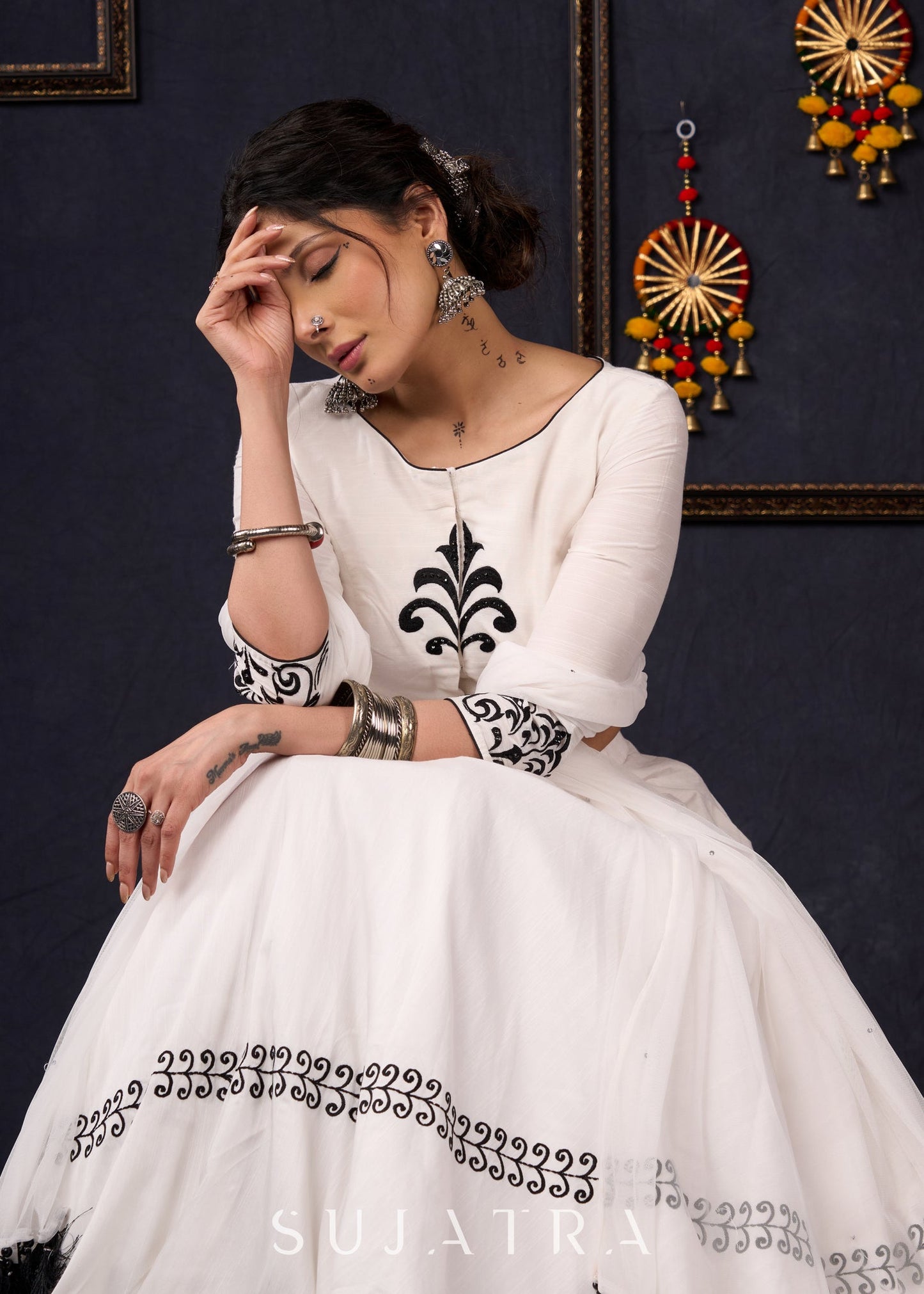 Elegant White Silk Lehenga In Black Embroidery With Matching Blouse & Dupatta