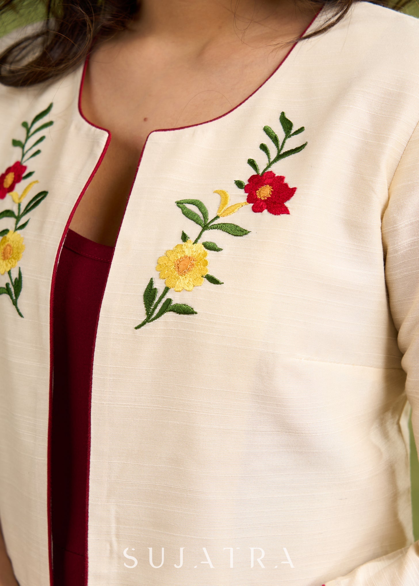 Elegant And Effortless Ivory Colour Embroidered Jacket With Hidden Pockets   Dress Optional