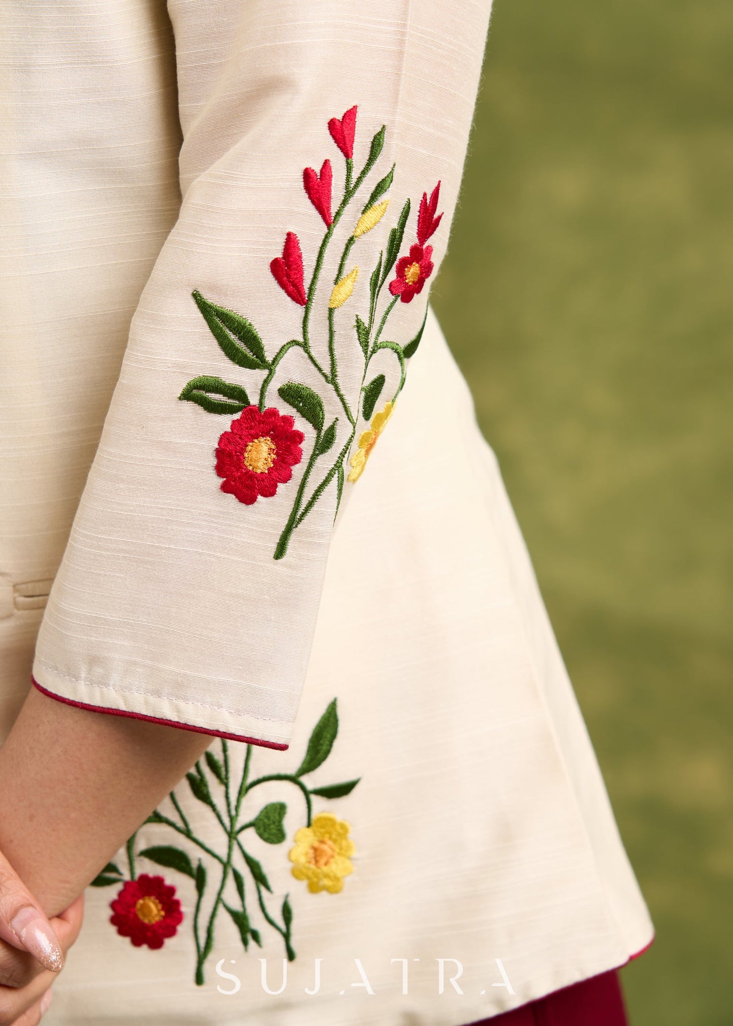 Elegant And Effortless Ivory Colour Embroidered Jacket With Hidden Pockets   Dress Optional