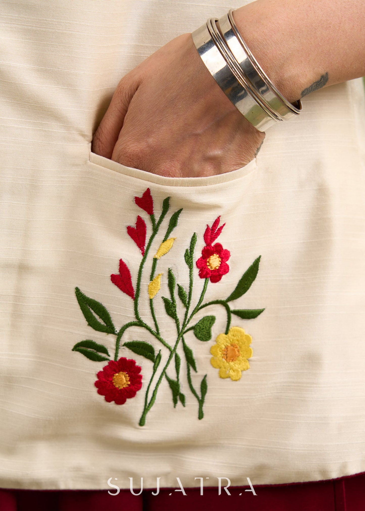 Elegant And Effortless Ivory Colour Embroidered Jacket With Hidden Pockets   Dress Optional