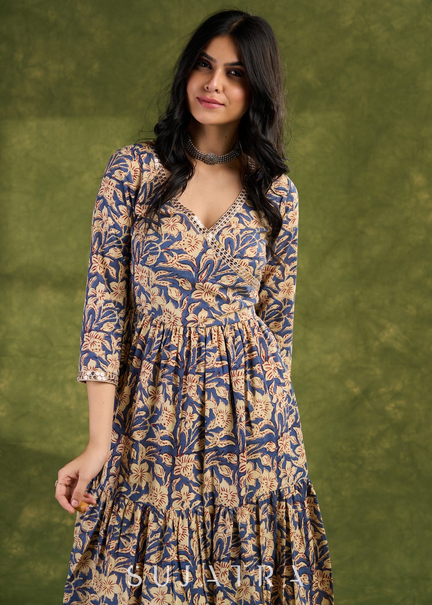 Floral Wrap Cotton Dress, Sophistication Redefined In Exquisite Layered Block Printed Floral Patterns