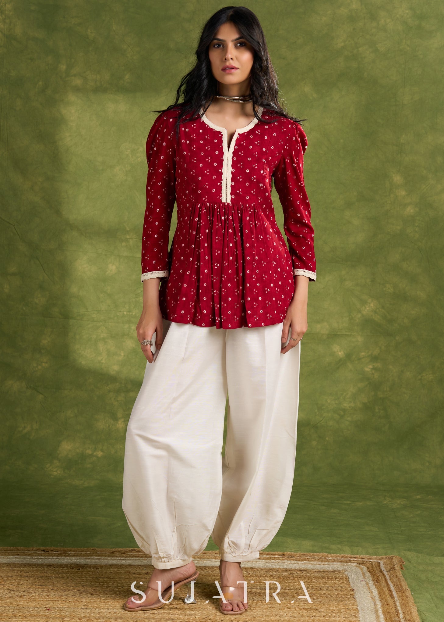 Maroon Pleated Bandhani Print Rayon Top With Lace Detailing And Mandarin Collar - Pant Optional