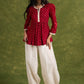 Maroon Pleated Bandhani Print Rayon Top With Lace Detailing And Mandarin Collar - Pant Optional