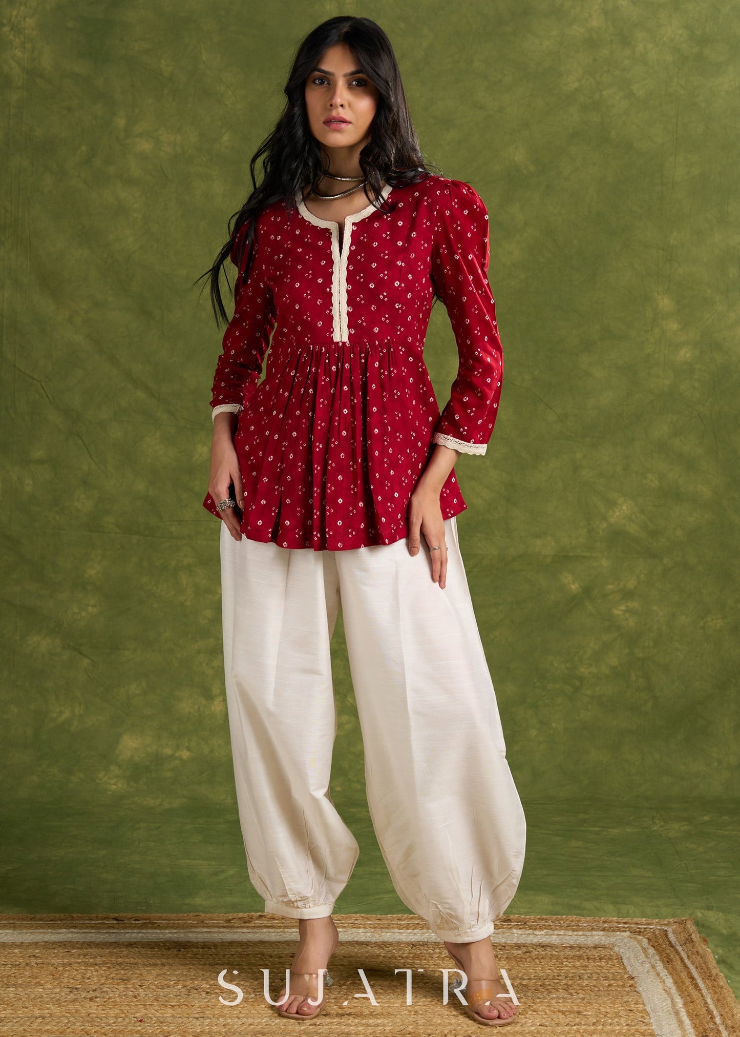 Maroon Pleated Bandhani Print Rayon Top With Lace Detailing And Mandarin Collar - Pant Optional