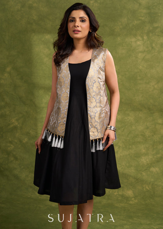 Grey Gold Luxe Brocade Sleeveless Jacket With Tassel’s For Elevated Style   Dress Optional