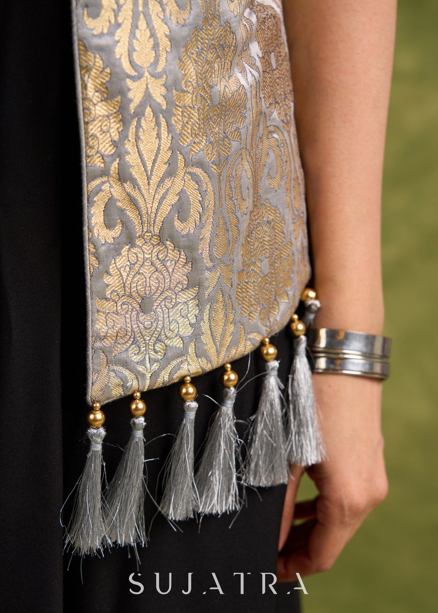 Grey Gold Luxe Brocade Sleeveless Jacket With Tassel’s For Elevated Style   Dress Optional