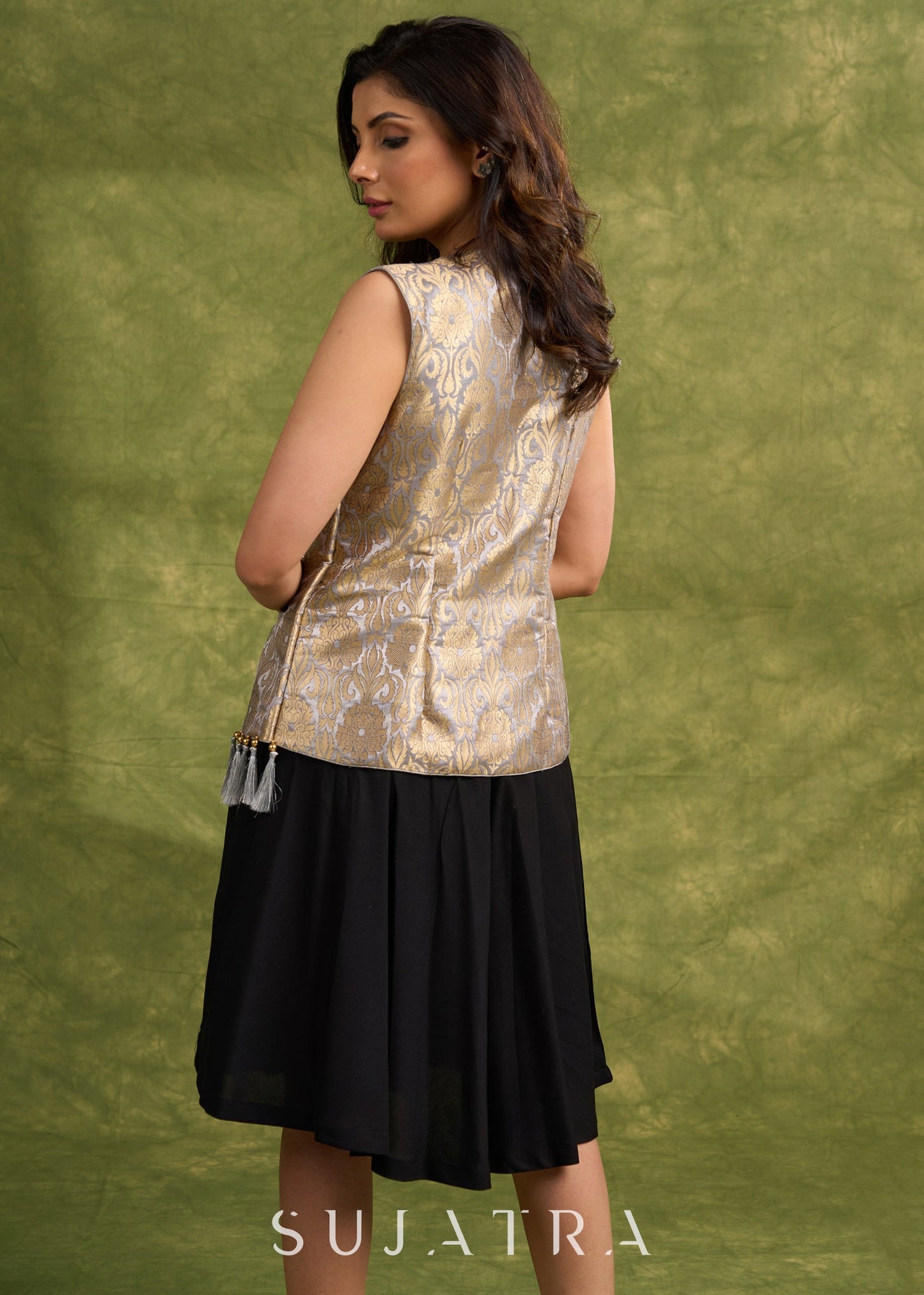 Grey Gold Luxe Brocade Sleeveless Jacket With Tassel’s For Elevated Style   Dress Optional