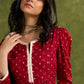 Maroon Pleated Bandhani Print Rayon Top With Lace Detailing And Mandarin Collar - Pant Optional