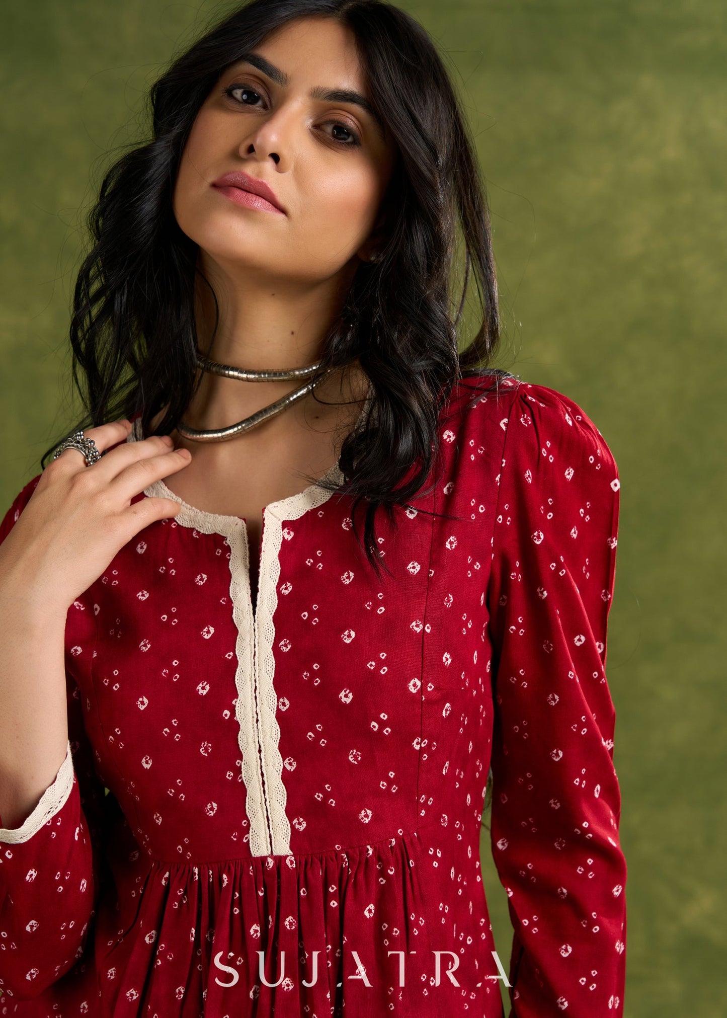 Maroon Pleated Bandhani Print Rayon Top With Lace Detailing And Mandarin Collar - Pant Optional