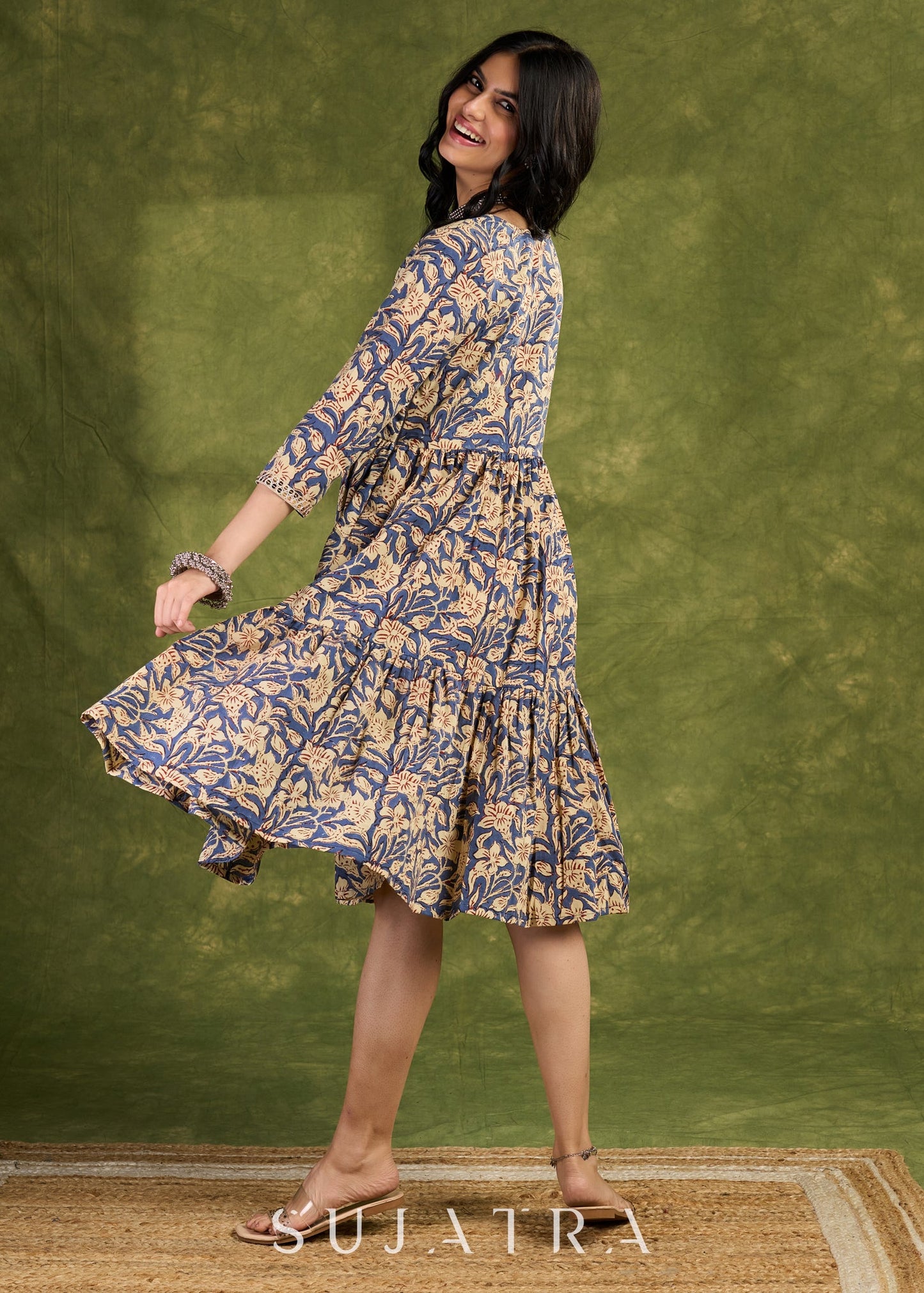 Floral Wrap Cotton Dress, Sophistication Redefined In Exquisite Layered Block Printed Floral Patterns