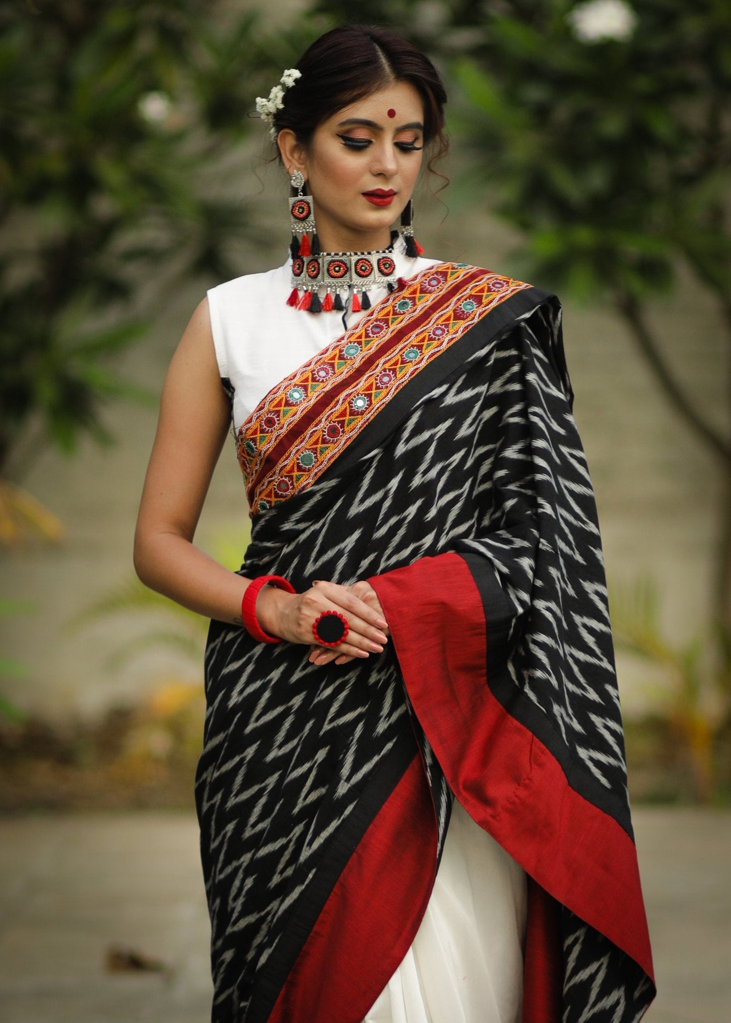 Exclusive ikat & chanderi combination saree with kutchi mirror work border