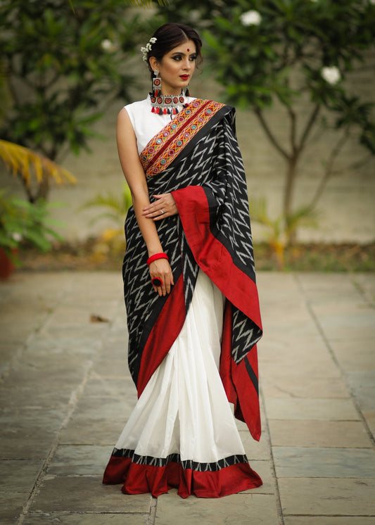 Exclusive ikat & chanderi combination saree with kutchi mirror work border