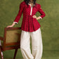 Maroon Pleated Bandhani Print Rayon Top With Lace Detailing And Mandarin Collar - Pant Optional