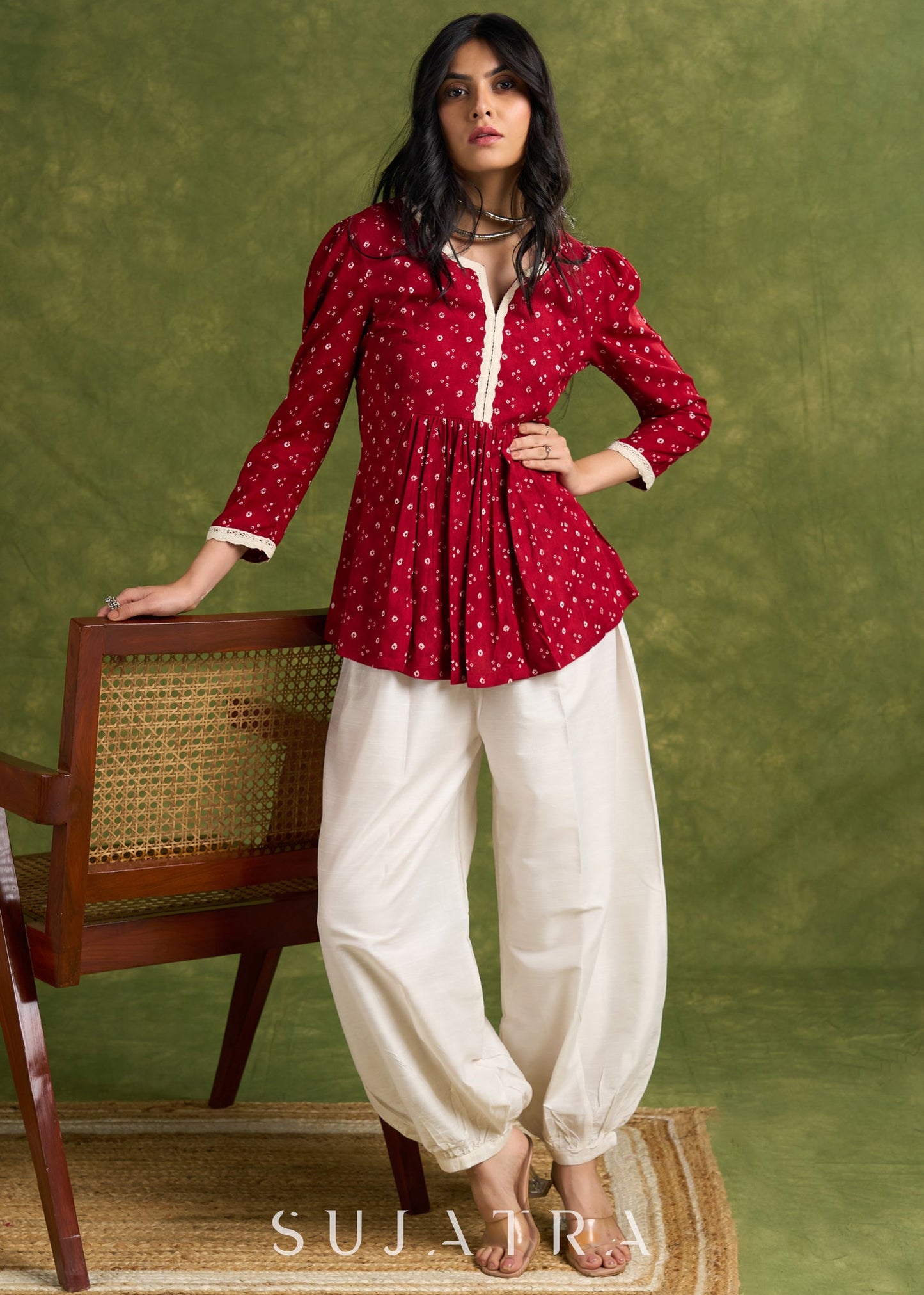 Maroon Pleated Bandhani Print Rayon Top With Lace Detailing And Mandarin Collar - Pant Optional