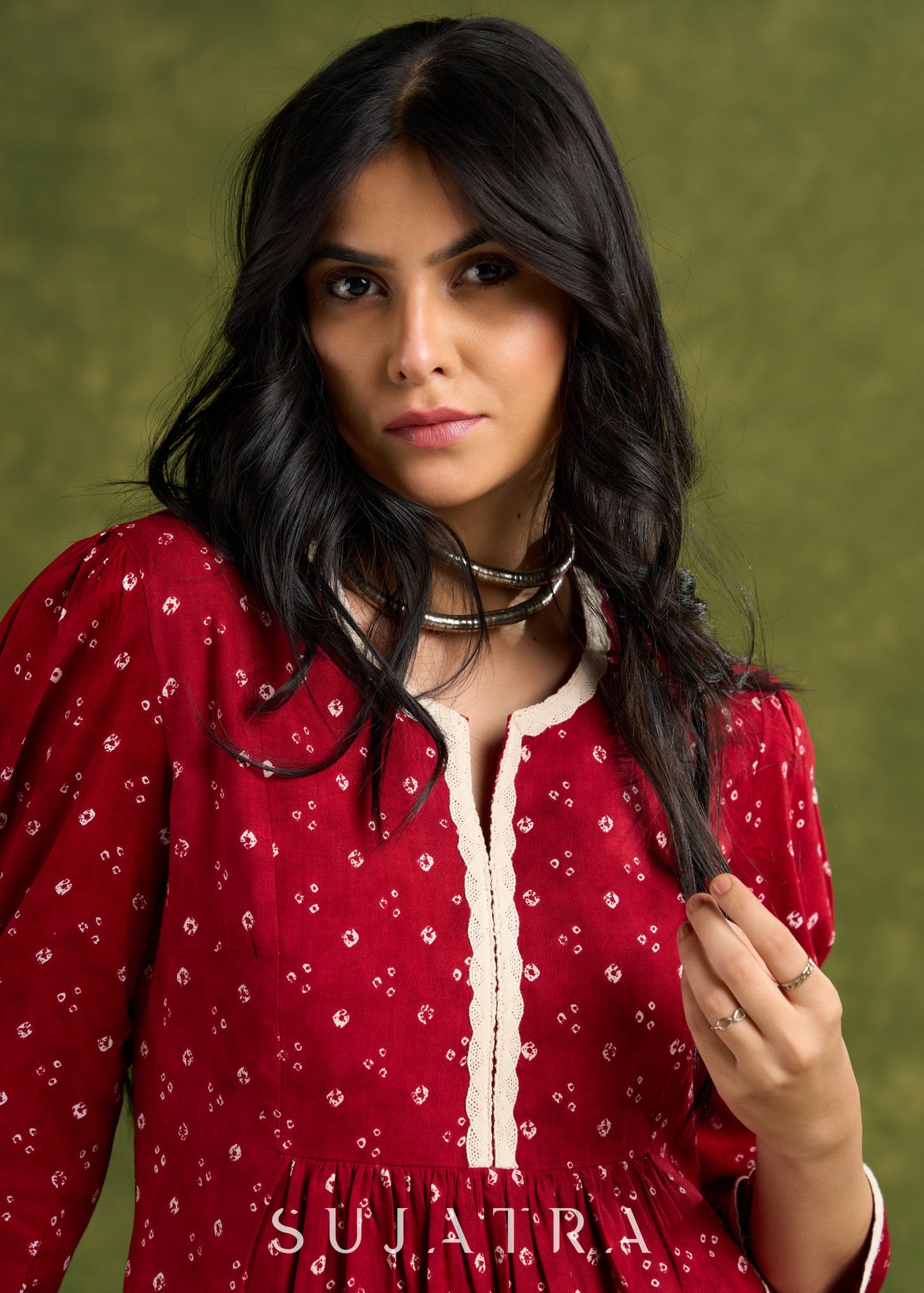 Maroon Pleated Bandhani Print Rayon Top With Lace Detailing And Mandarin Collar - Pant Optional