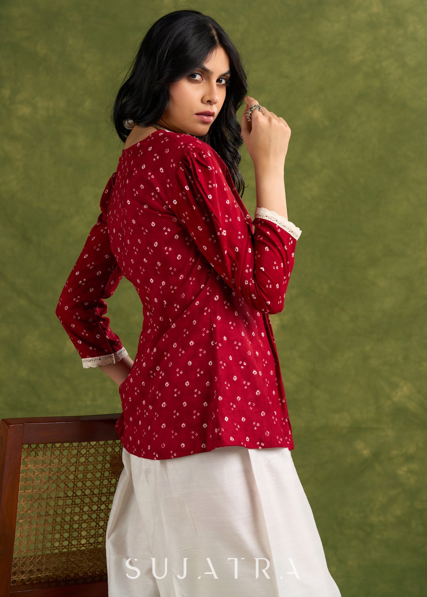 Maroon Pleated Bandhani Print Rayon Top With Lace Detailing And Mandarin Collar - Pant Optional