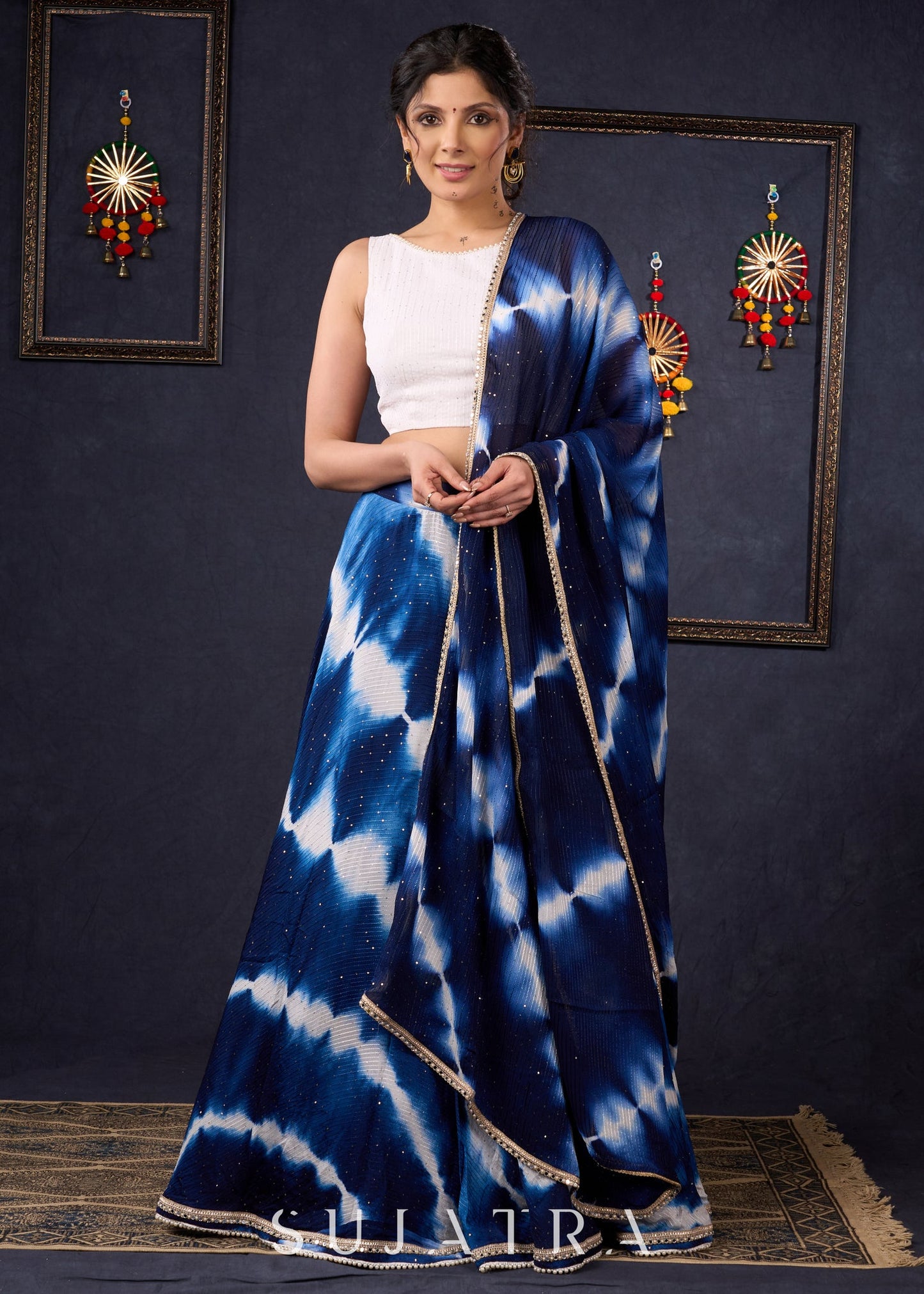 Graceful Navy Blue Shibori Self-Embroidered Lehenga With Contrast Blouse & Matching Dupatta.