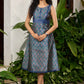 Stylish navy blue sleeveless floral dress highlighted with mirrorwork lace