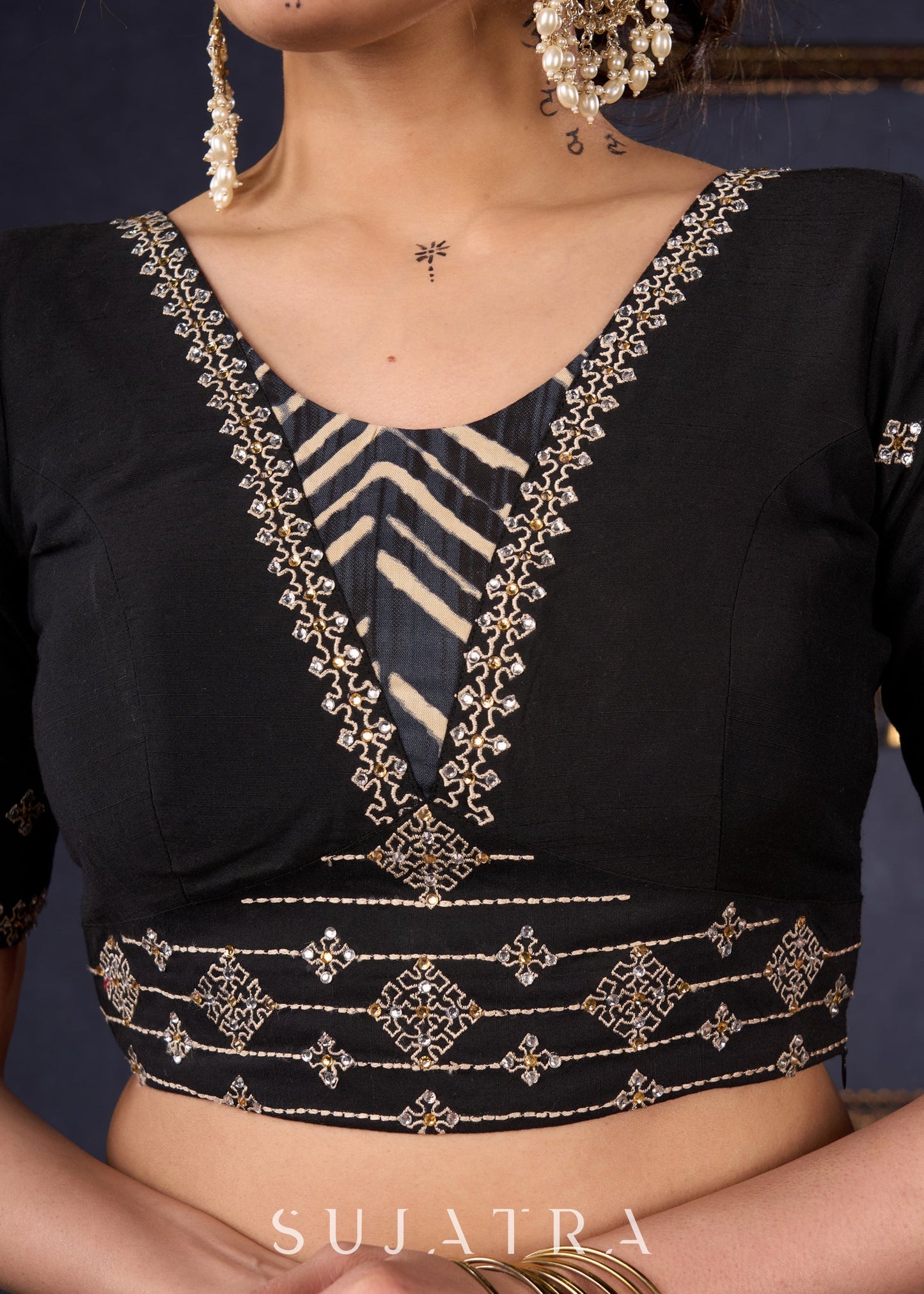 Elegant Black Printed Lehenga With Embroidered Blouse & Net Dupatta.