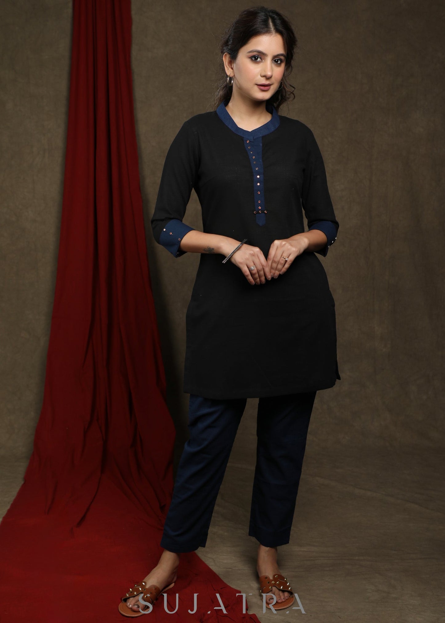 Classy Black cotton tunic with kalamkari jacket - Pant Optional