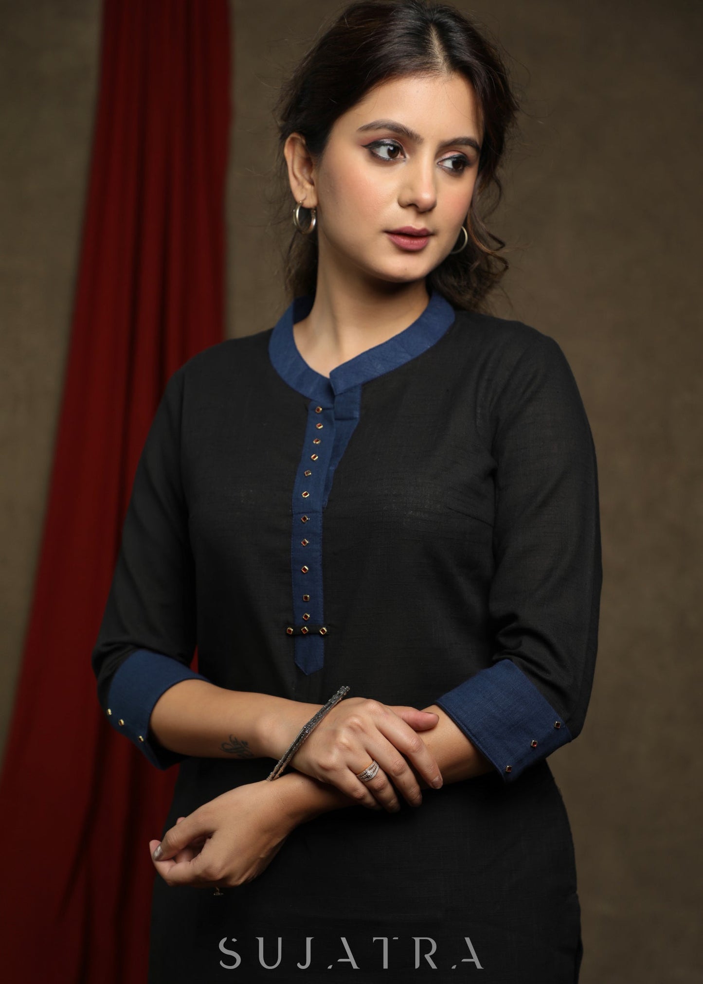 Classy Black cotton tunic with kalamkari jacket - Pant Optional