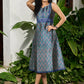 Stylish navy blue sleeveless floral dress highlighted with mirrorwork lace