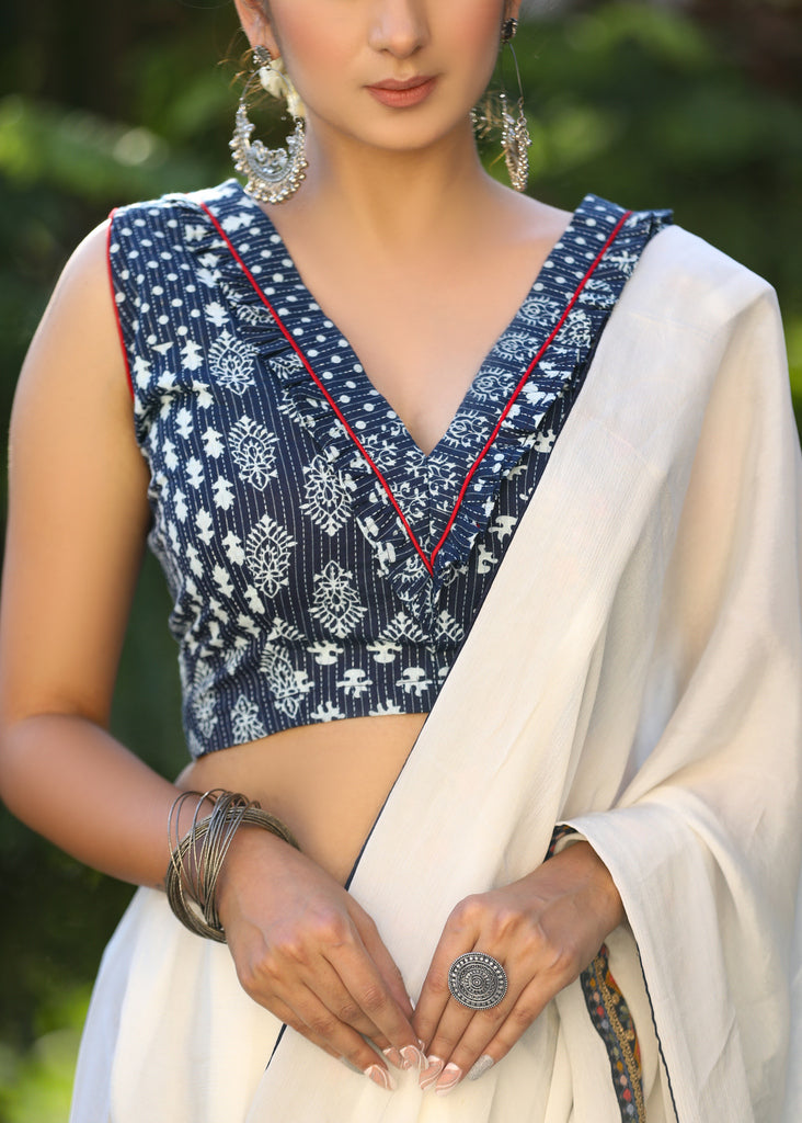 Beautiful Kantha Indigo Patchwork Print Frilled Neckline Blouse