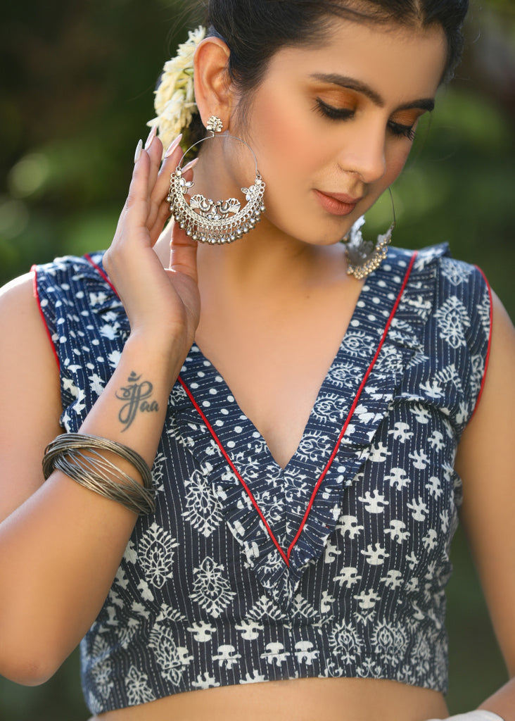 Beautiful Kantha Indigo Patchwork Print Frilled Neckline Blouse